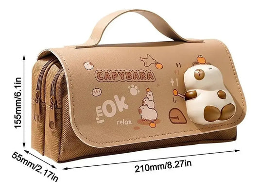Estuche Capybara 3 Compartimientos Escolar Cuero Pu Kawaii