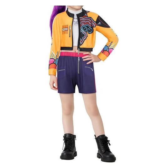 Disfraz completo Rumi KPop Demon Hunters para niña con chaqueta bomber amarilla