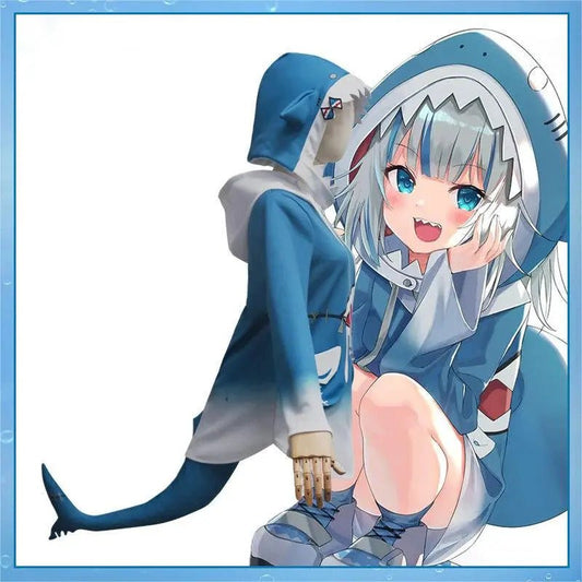Disfraz cosplay Gawr Gura Hololive con capucha tiburón y cola azul