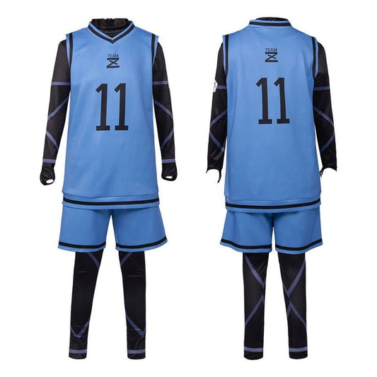 Vista frontal trasera disfraz Yoichi Isagi Blue Lock con logo TEAM X y mangas negras