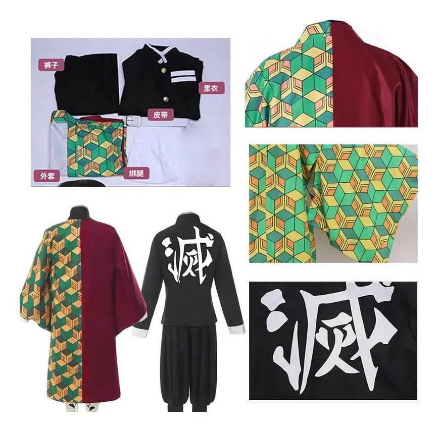 Piezas detalle disfraz Giyu Tomioka haori rojo geométrico y kanji 滅