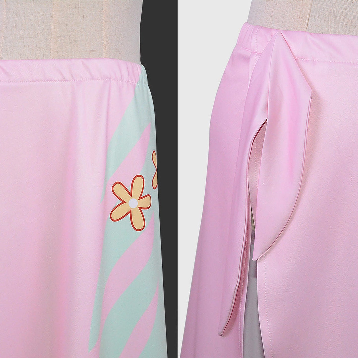 Detalle falda rosa con flores naranjas del disfraz cosplay Nico Robin One Piece