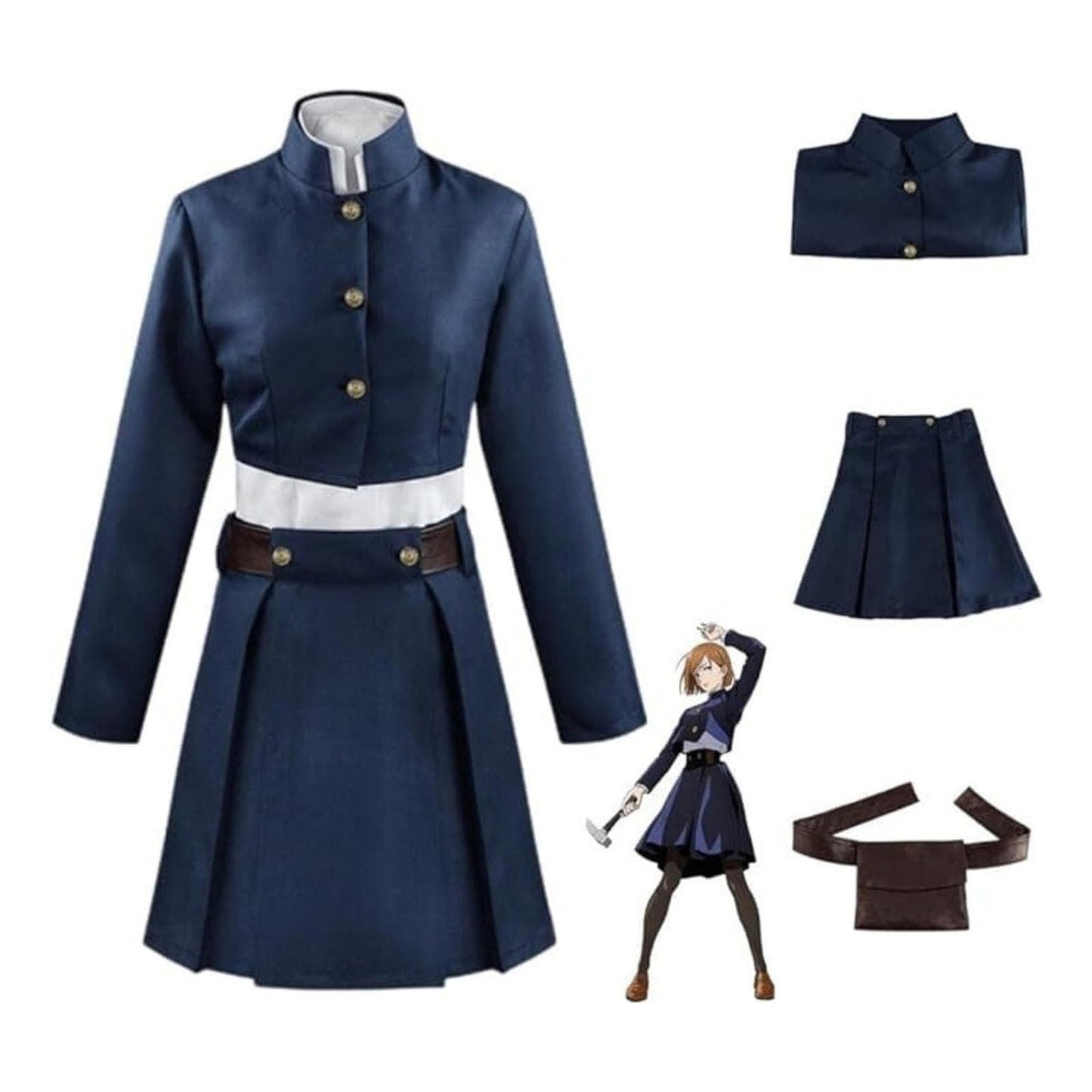 Conjunto cosplay Nobara Kugisaki chaqueta botones dorados falda plisada azul