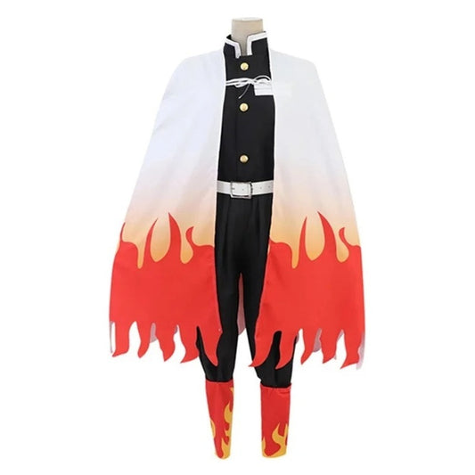 Disfraz completo de Kyojuro Rengoku con capa a llamas en maniquí
