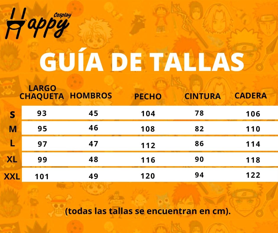 Guía de tallas en cm para disfraz de Himmel Frieren Beyond Journey's End