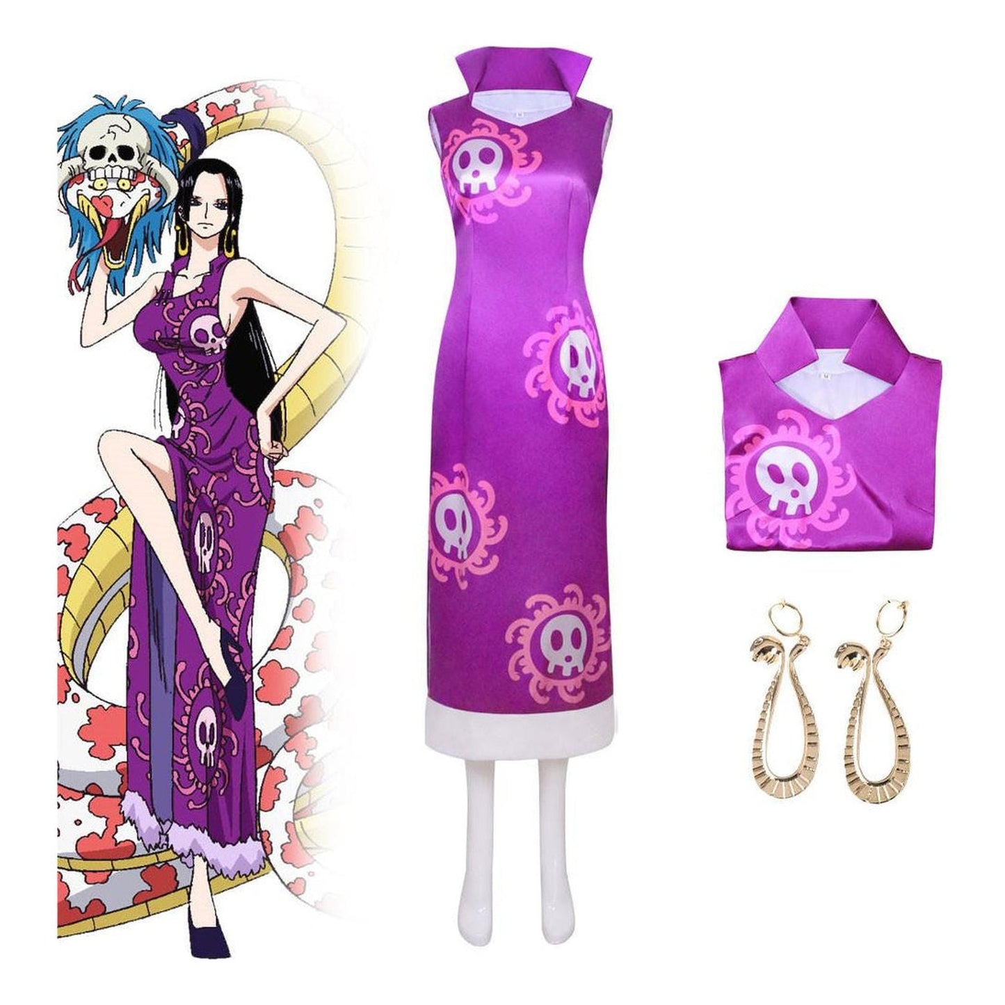 Disfraz cosplay Boa Hancock One Piece morado con cráneos y serpiente