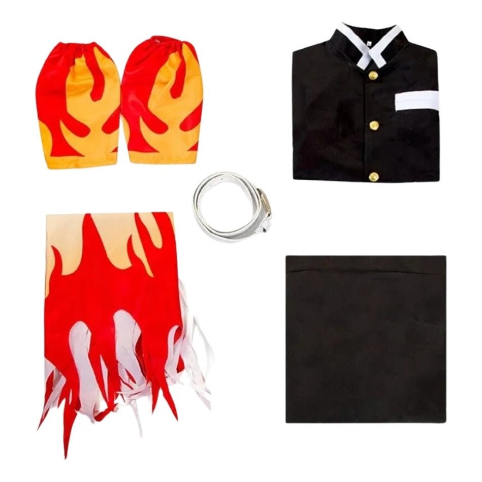 Piezas del disfraz de Kyojuro Rengoku con haori a llamas y botones dorados