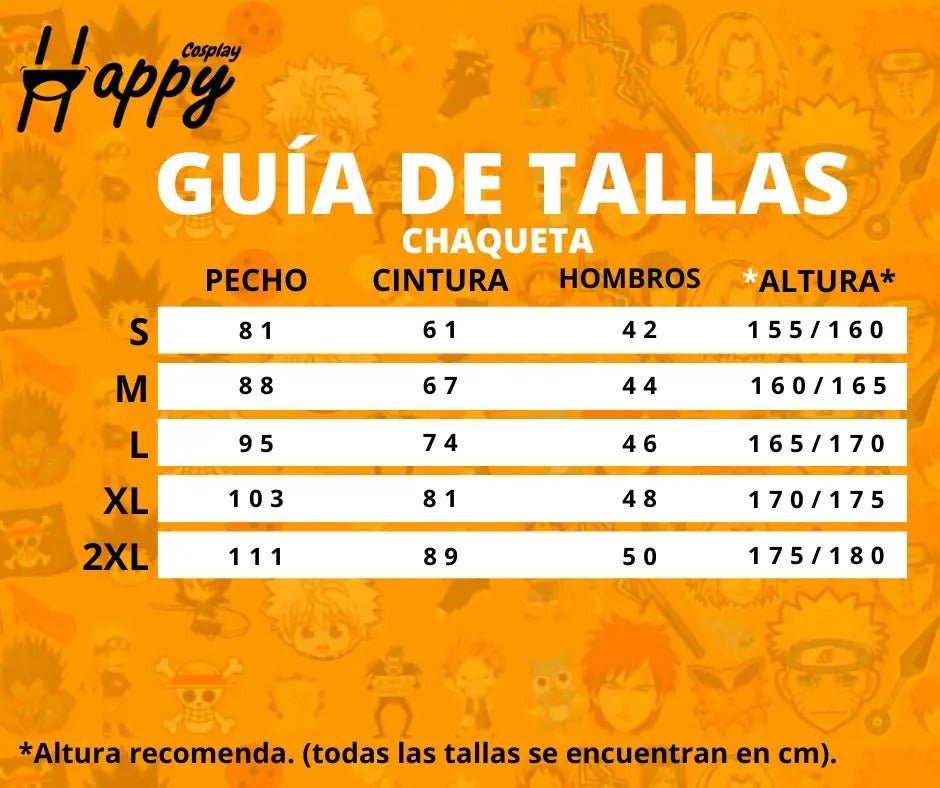 Guía de tallas chaqueta anime Shingeki No Kyojin medidas pecho y cintura en cm