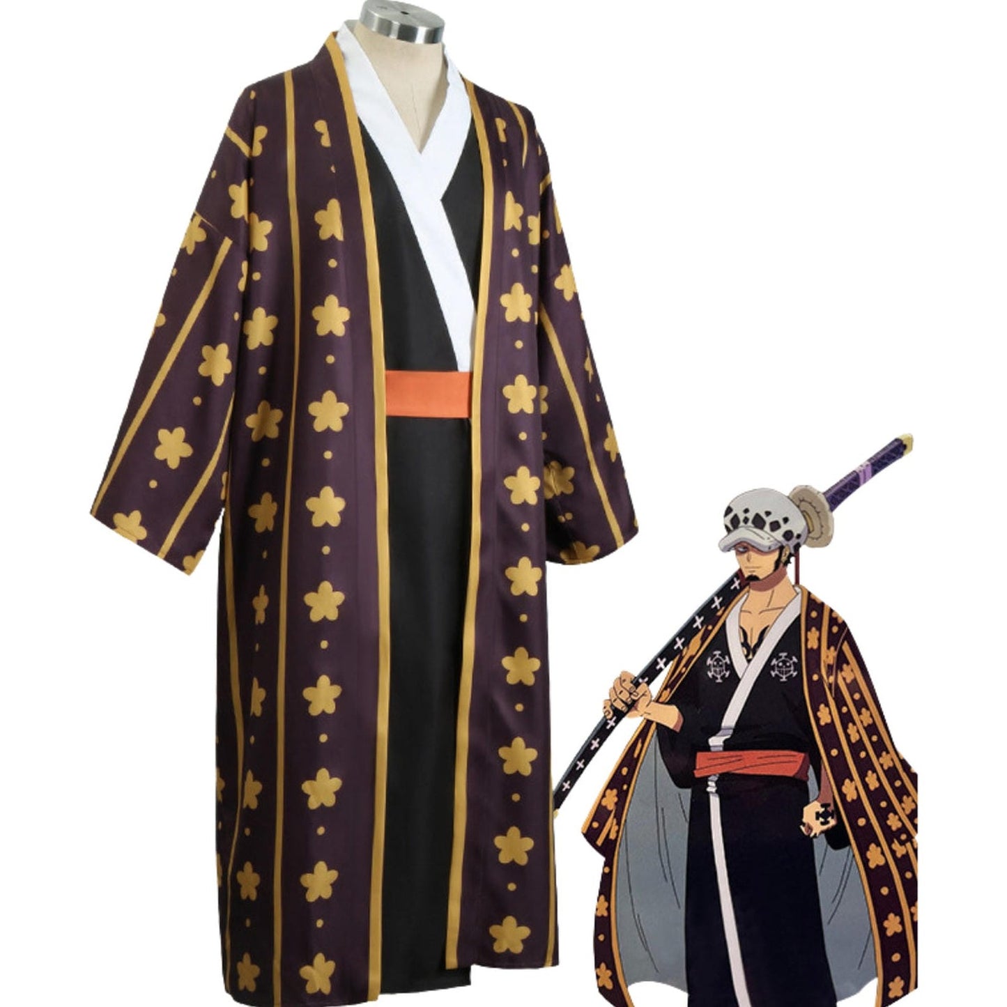 Cosplay Trafalgar Law Wano kimono morado con flores doradas