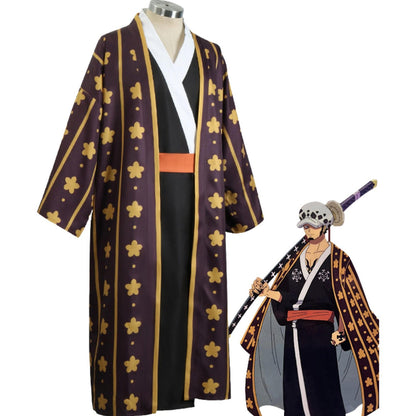 Cosplay Trafalgar Law Wano kimono morado con flores doradas