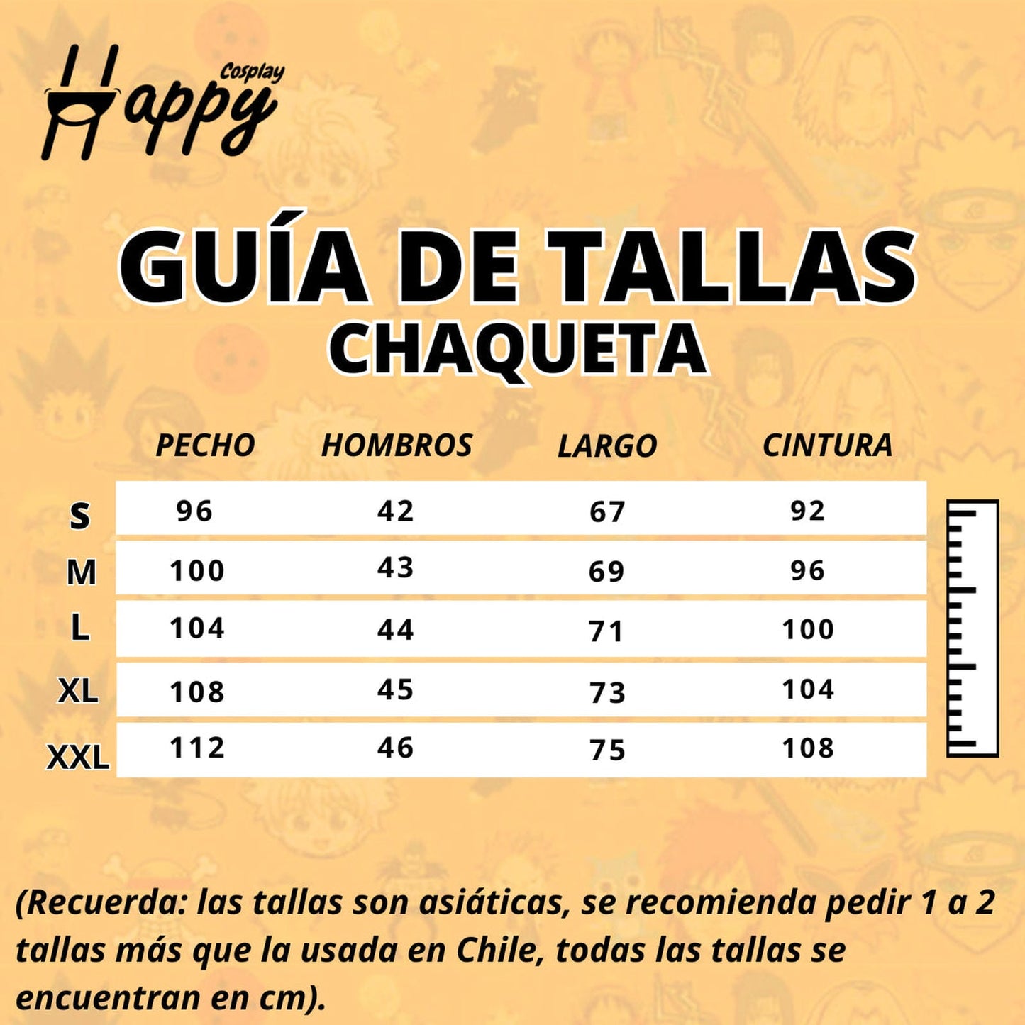 Guía de tallas chaqueta cosplay UA My Hero Academia recomendada para Chile