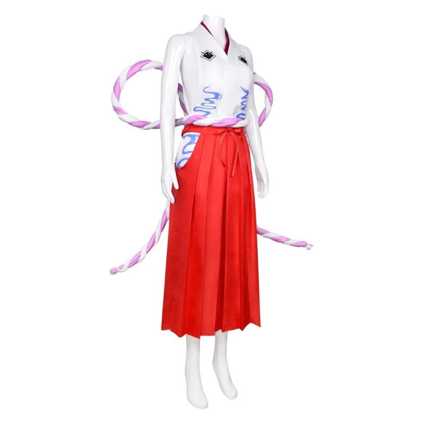 Vista frontal cosplay Yamato One Piece camisa blanca con bordes rojos hakama