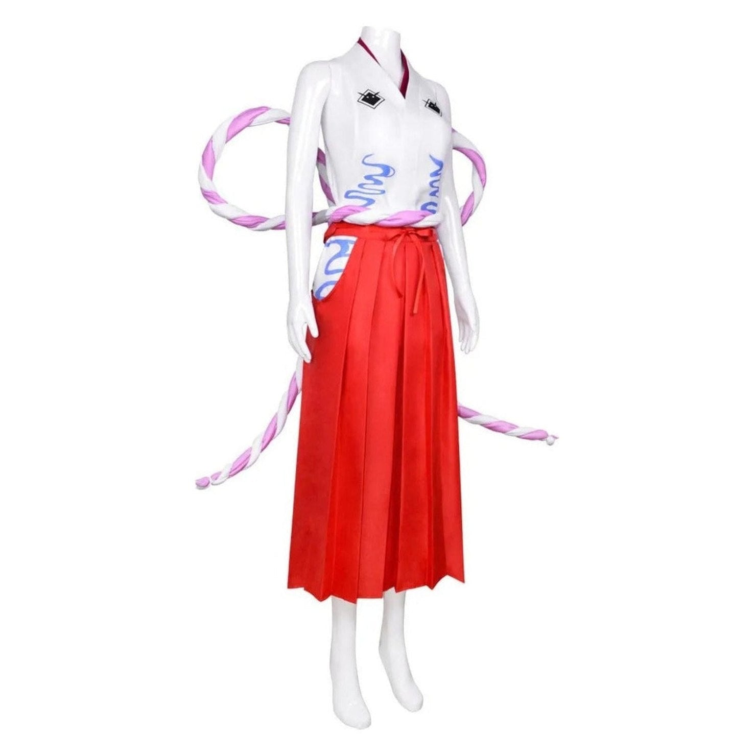 Vista frontal cosplay Yamato One Piece camisa blanca con bordes rojos hakama