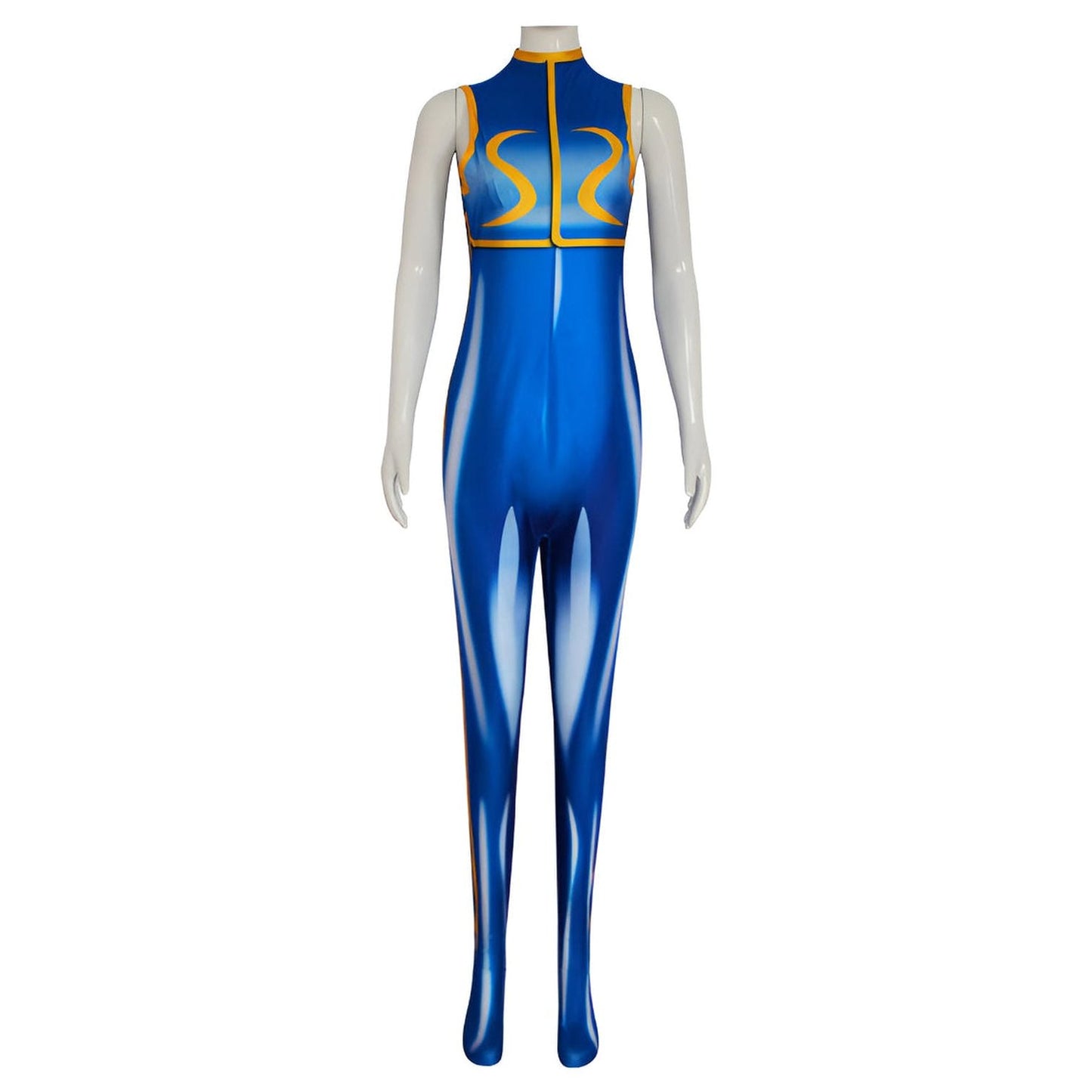 Body cosplay Chun-Li Street Fighter azul con detalles dorados en maniquí