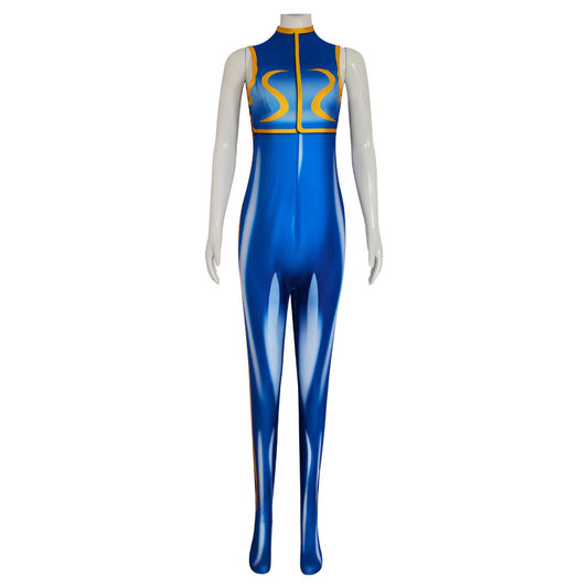 Body cosplay Chun-Li Street Fighter azul con detalles dorados en maniquí