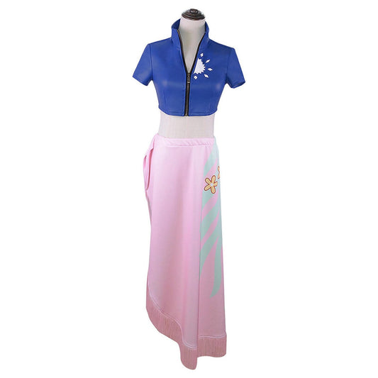 Disfraz completo cosplay Nico Robin One Piece blusa azul y falda rosa en maniquí