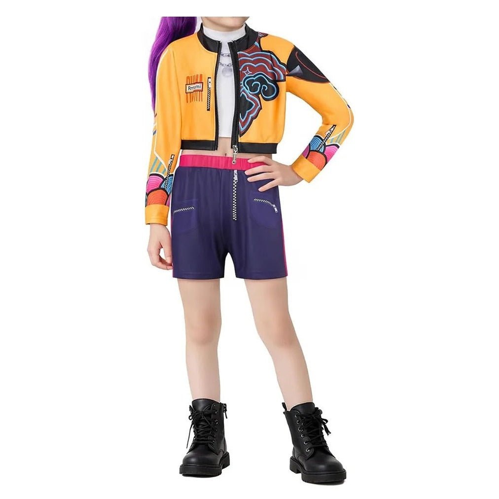 Disfraz completo Rumi KPop Demon Hunters para niña con chaqueta bomber amarilla
