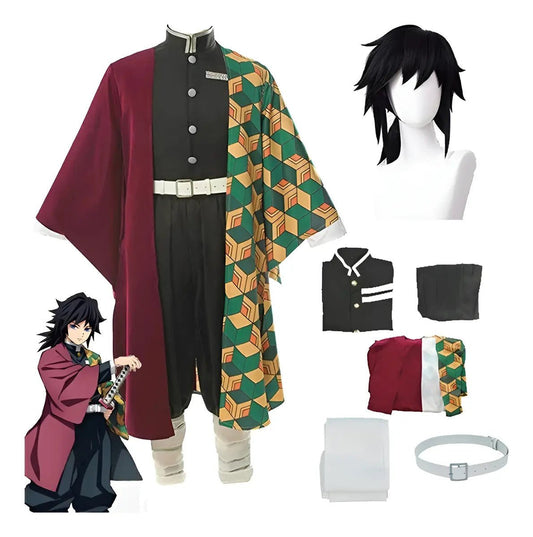 Disfraz completo Giyu Tomioka Kimetsu no Yaiba con haori mitad rojo mitad cuadros