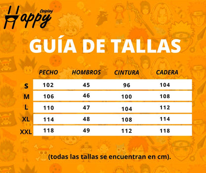 Guía de tallas cosplay One Piece medidas pecho cadera S a XXL
