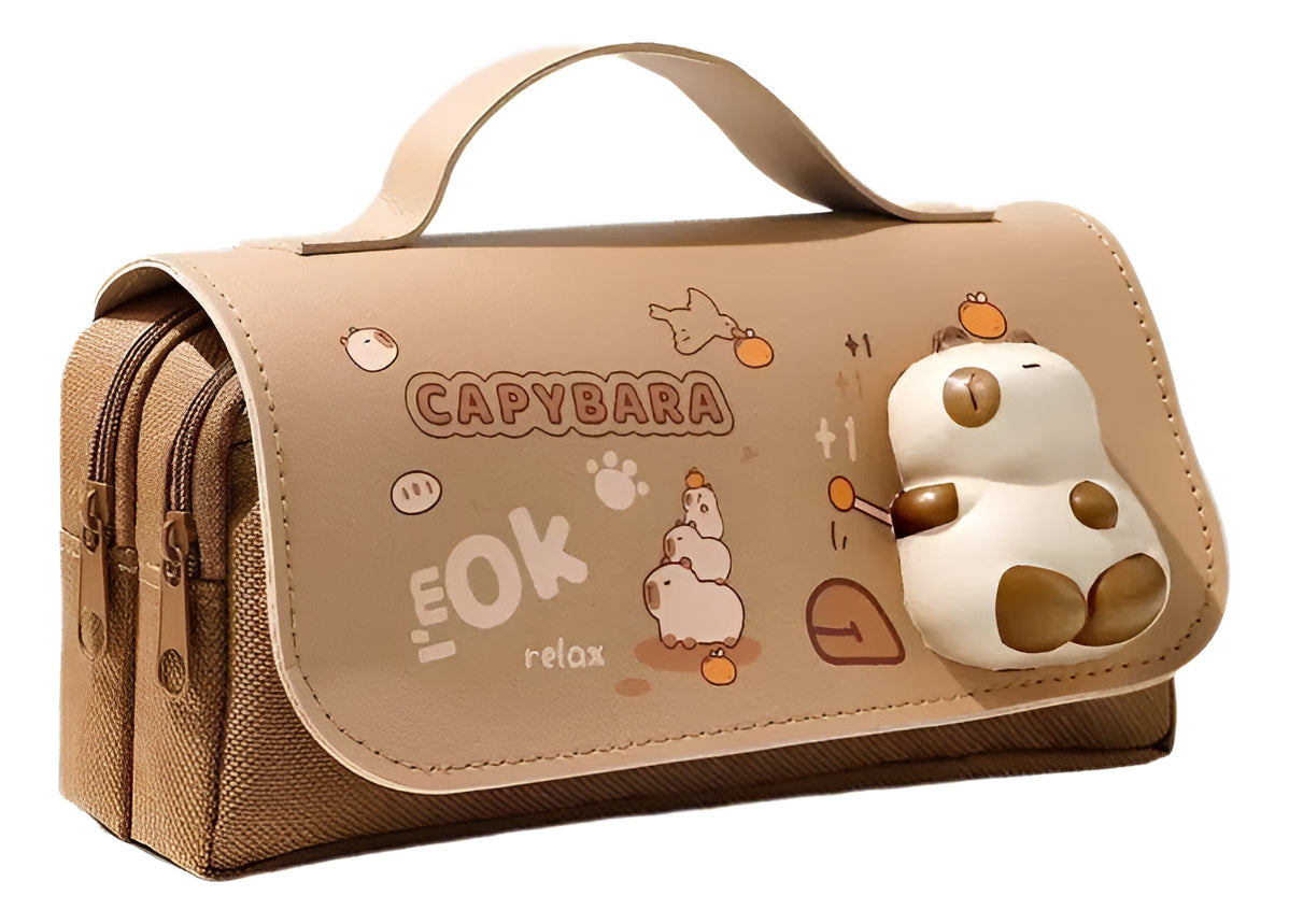 Estuche Capybara 3 Compartimientos Escolar Cuero Pu Kawaii