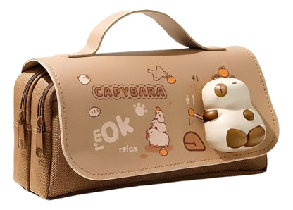 Estuche Capybara 3 Compartimientos Escolar Cuero Pu Kawaii
