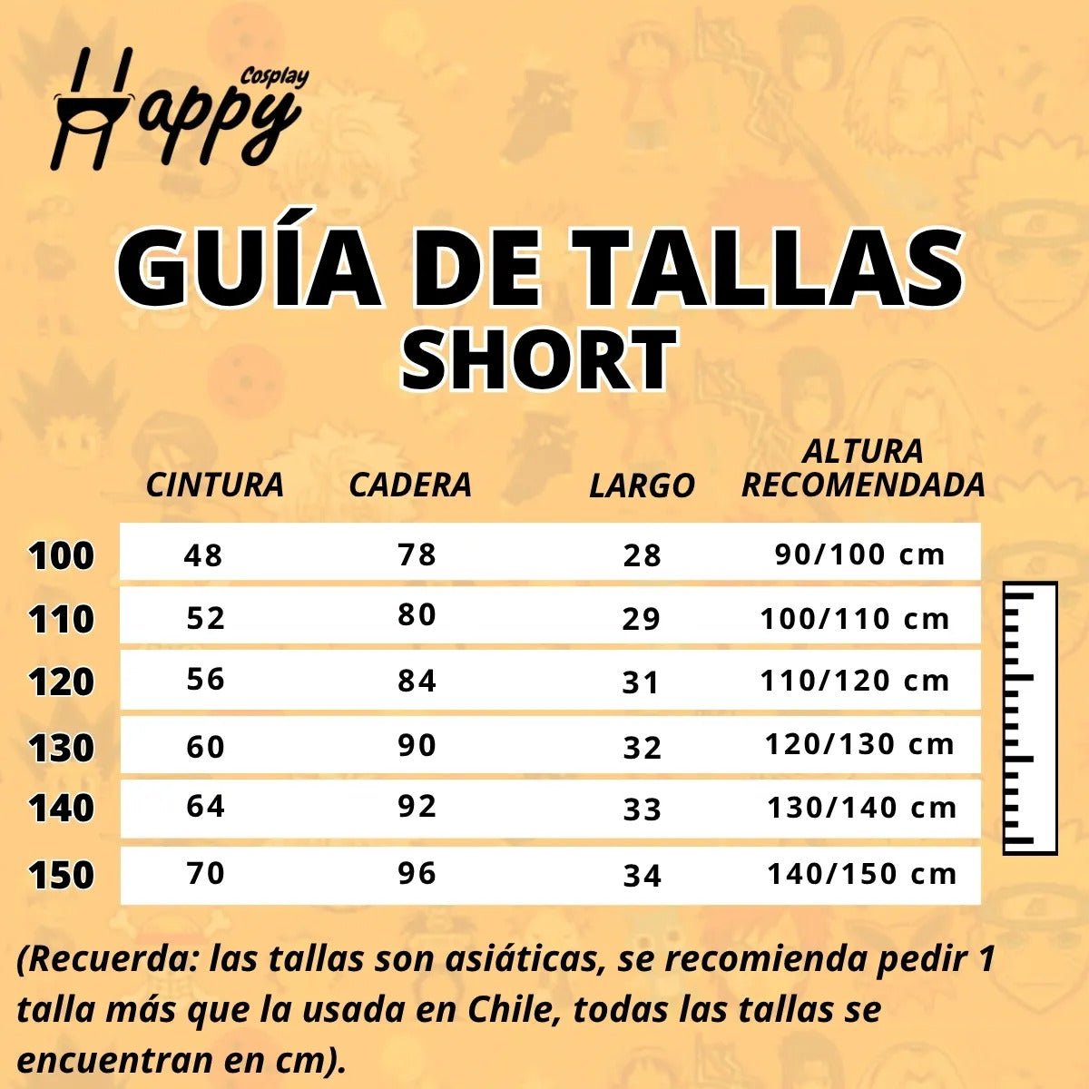Guía de tallas short cosplay Rumi KPop Demon Hunters medidas cintura cadera