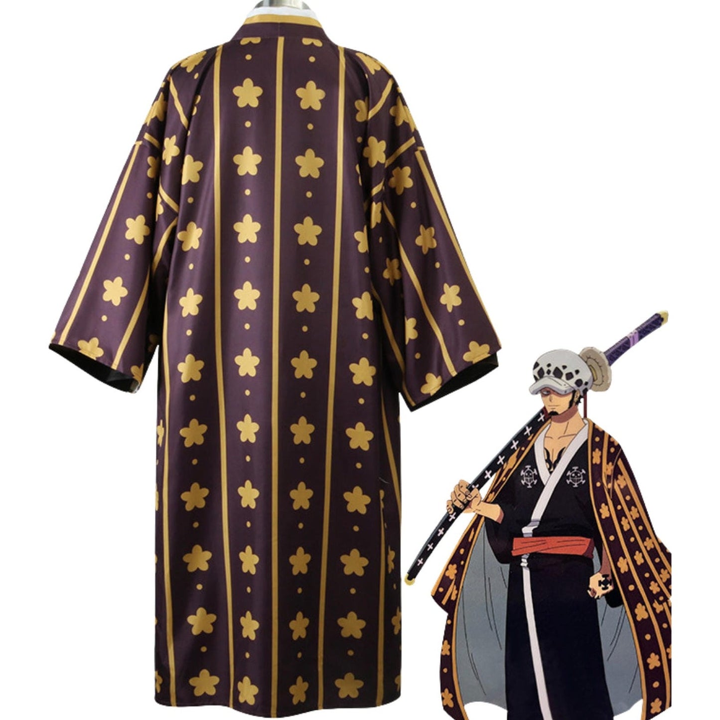 Kimono cosplay Trafalgar Law manga ancha estampado floral dorado