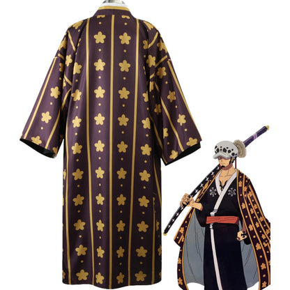Kimono cosplay Trafalgar Law manga ancha estampado floral dorado