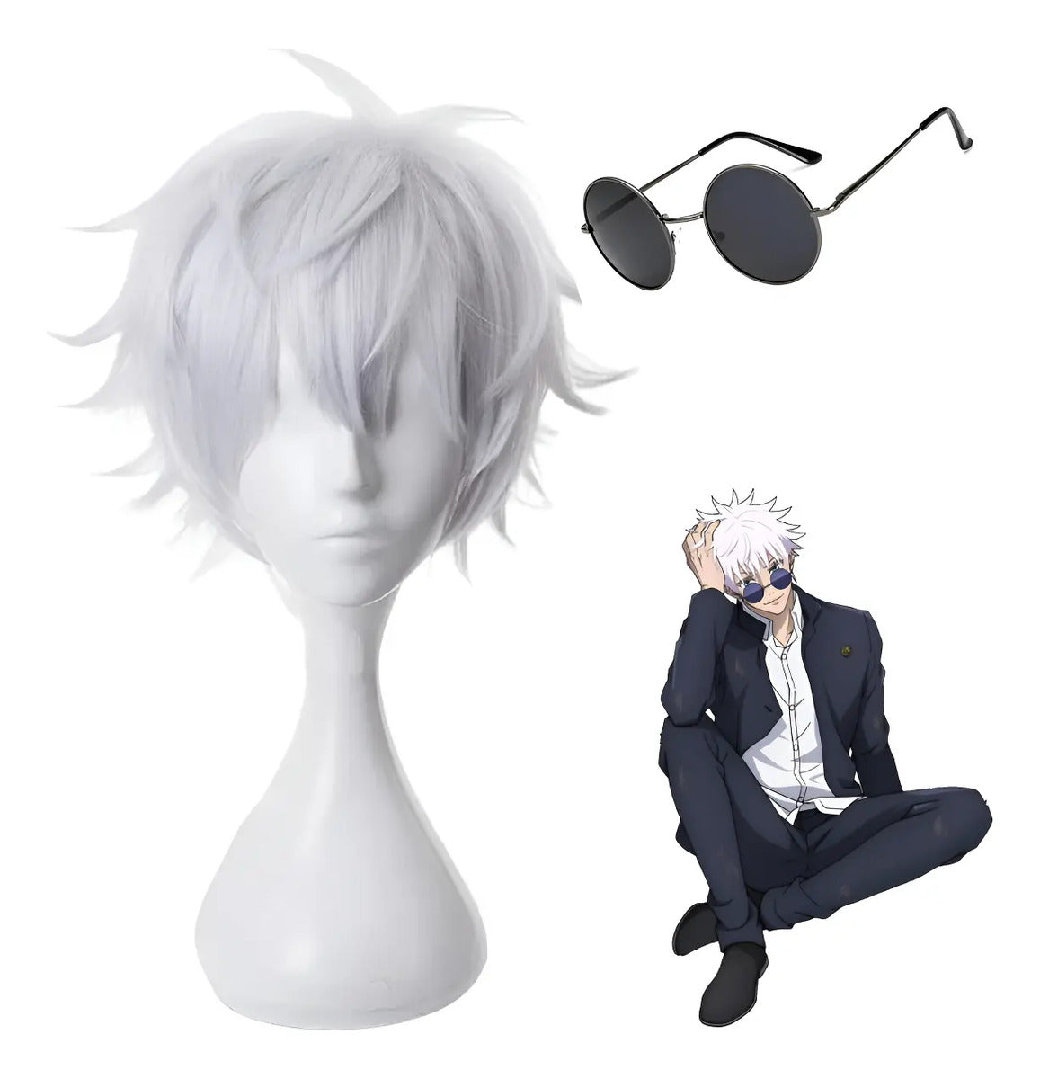 Peluca Gojo Satoru + Lentes - Jujutsu Kaisen Cosplay