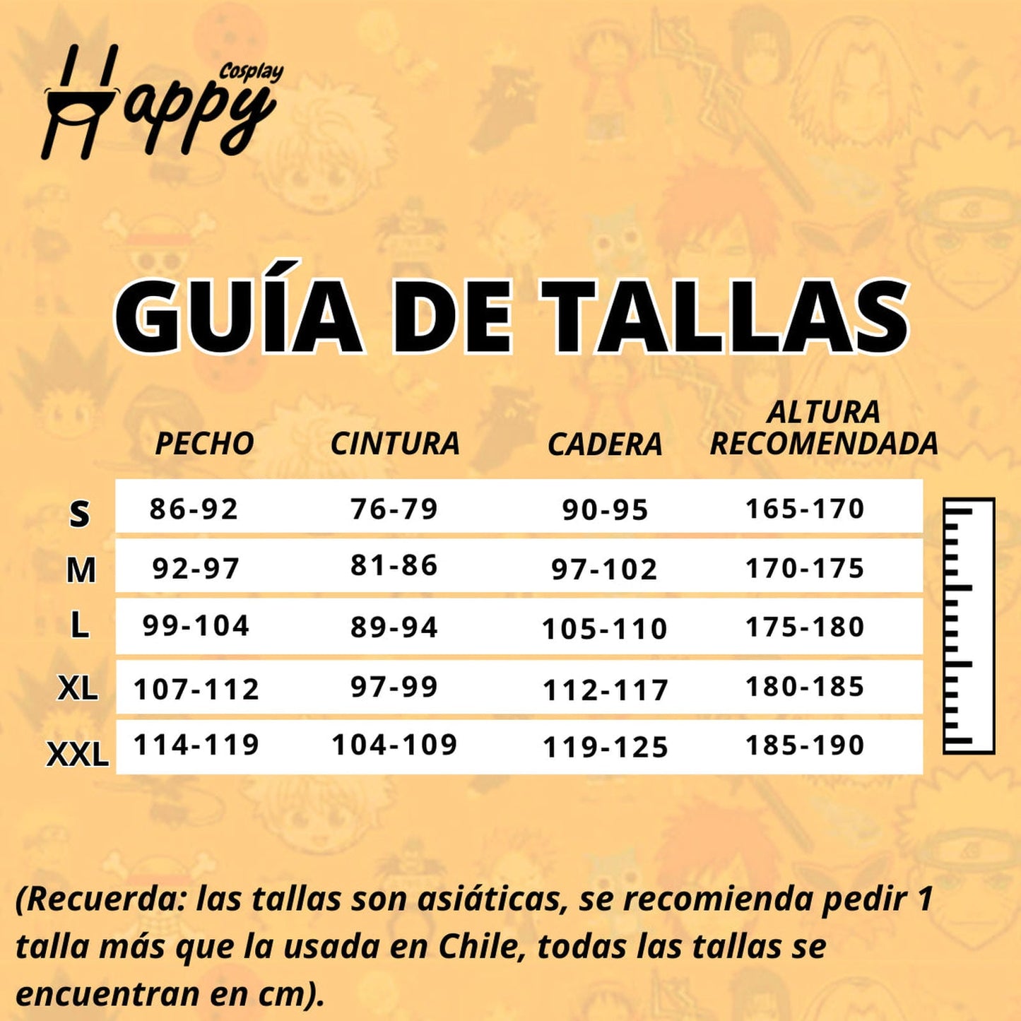 Guía de tallas cosplay Sasuke Uchiha medidas cm S a XXL Happy Cosplay