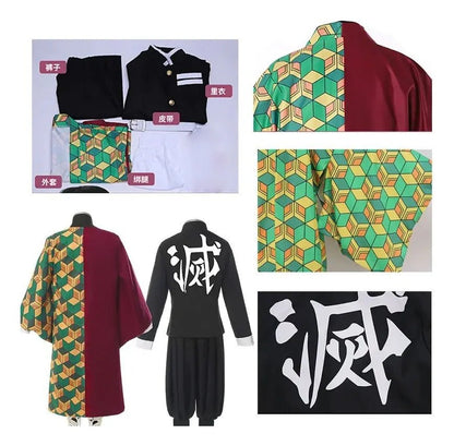 Piezas detalle disfraz Giyu Tomioka haori rojo geométrico y kanji 滅