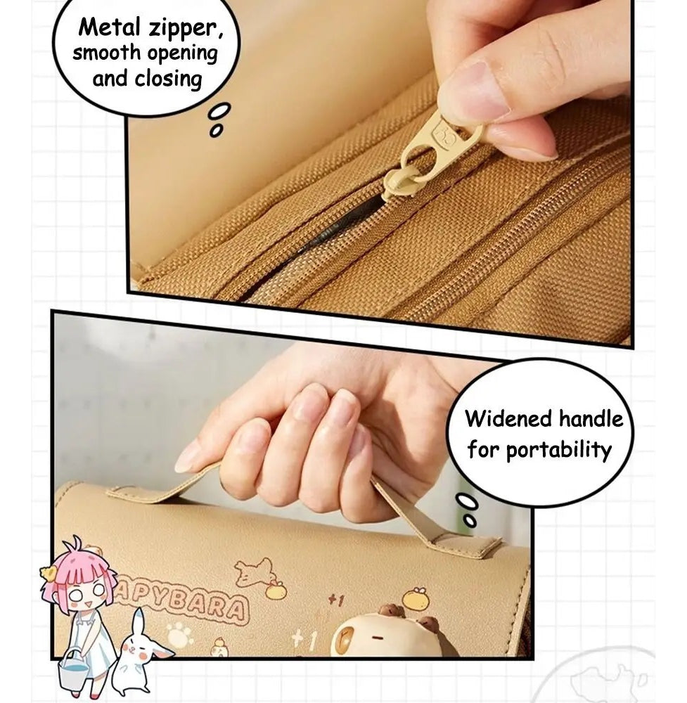 Estuche Capybara 3 Compartimientos Escolar Cuero Pu Kawaii
