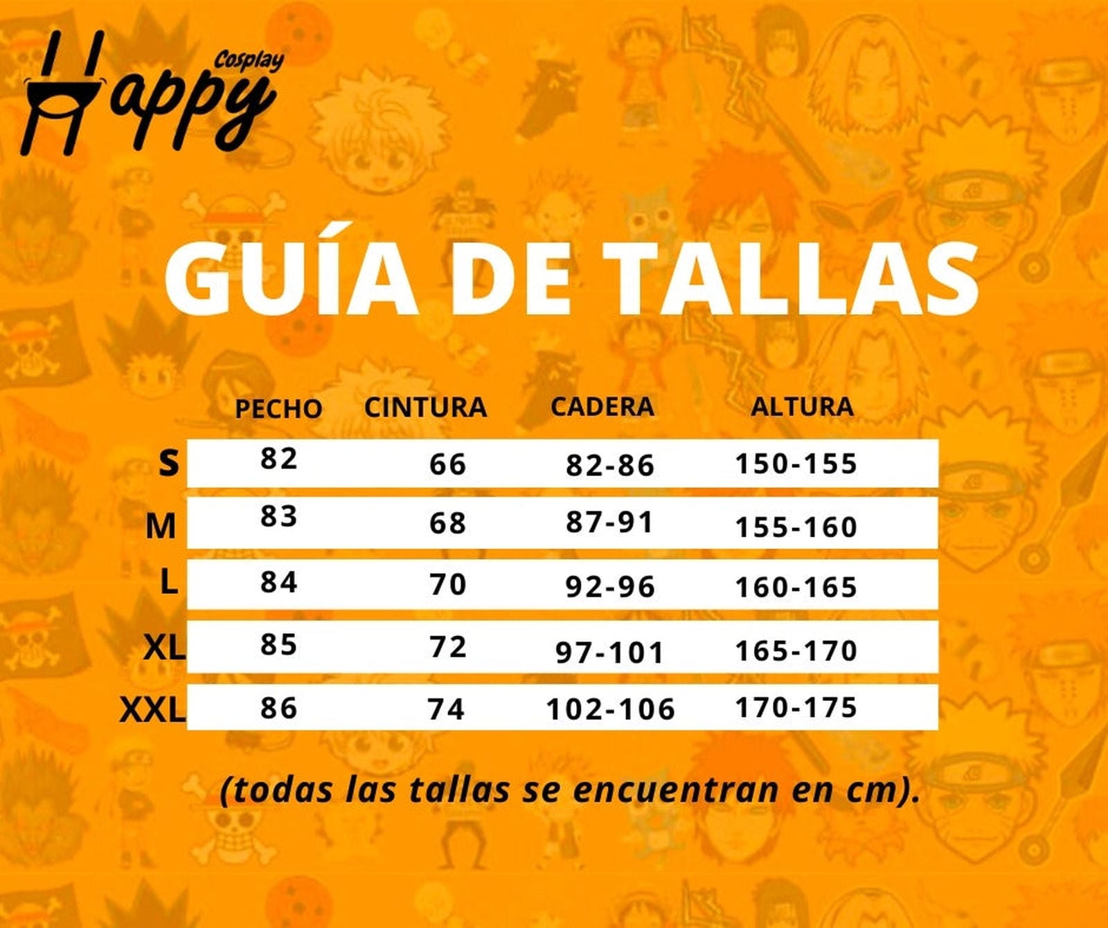 Guía de tallas S-XXL para disfraz Muichiro Tokito Demon Slayer en Chile