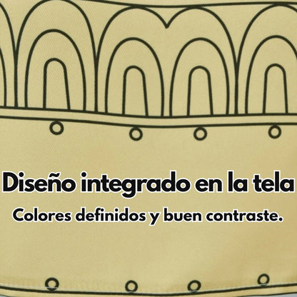 Tela beige con diseño integrado arcos y círculos negro contraste definido