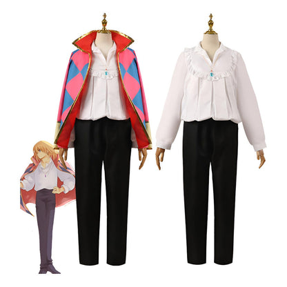 Disfraz de Howl Castillo Ambulante blanco y rojo con capa diamante, cosplay anime Studio Ghibli