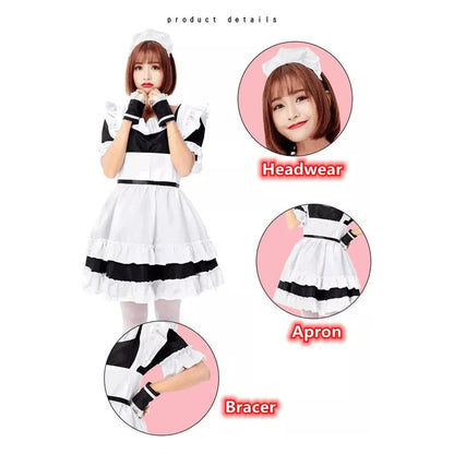 Disfraz maid lolita con gorro, brazaletes y delantal blanco para cosplay en Chile