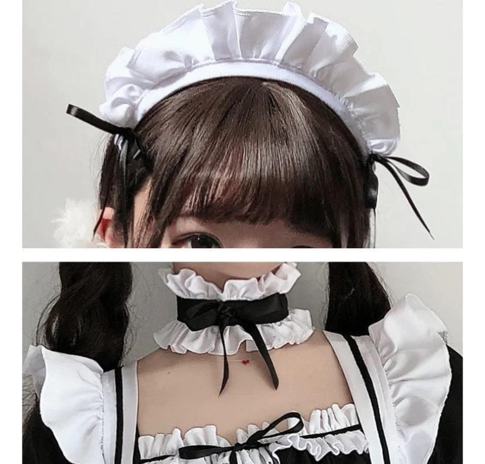 Primer plano de choker y gorro de sirvienta con lazos negros en disfraz anime