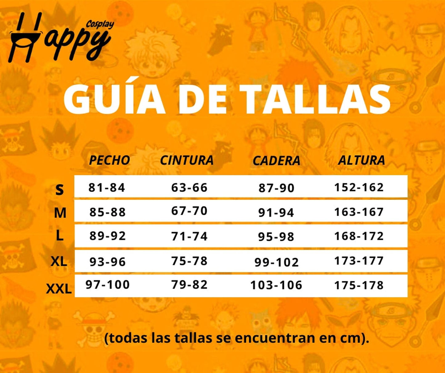 Guía de tallas body Chun-Li S a XXL medidas pecho cintura cadera cm