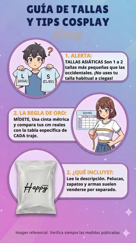 Guía de tallas cosplay Anya Forger adulto con medidas y bolsa Happy Store Chile
