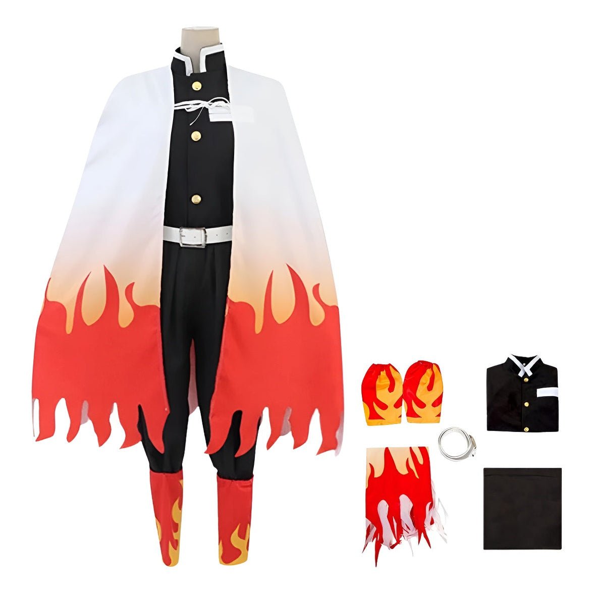 Conjunto de cosplay de Kyojuro Rengoku con accesorios y haori a llamas
