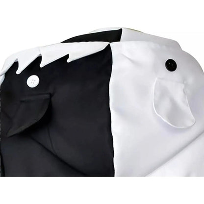 Detalle costuras y botones cara disfraz Monokuma Danganronpa chaqueta