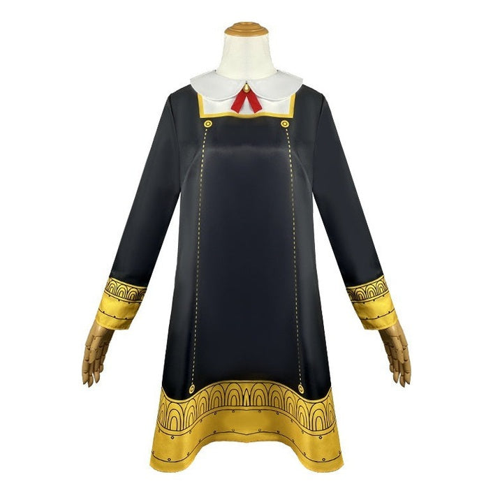 Vestido largo cosplay Anya Forger adulto negro con bordes dorados y textura satinada
