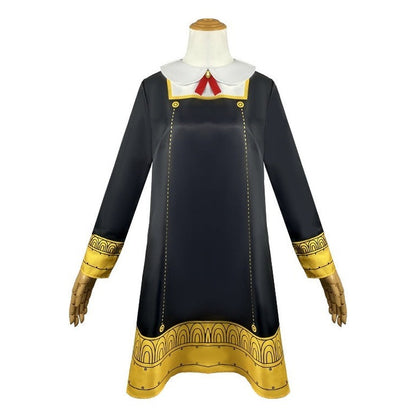 Vestido largo cosplay Anya Forger adulto negro con bordes dorados y textura satinada