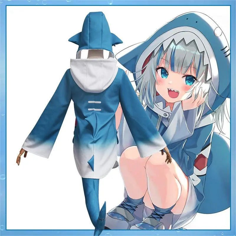 Vista trasera disfraz cosplay Gawr Gura con cola de tiburón azul