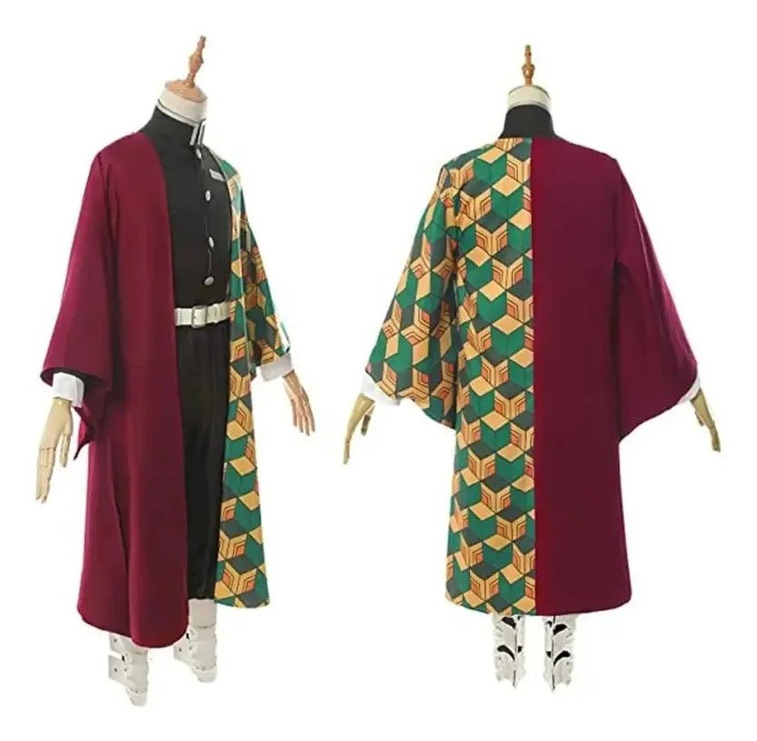 Disfraz Giyu Tomioka vista frontal trasera haori estampado geométrico verde