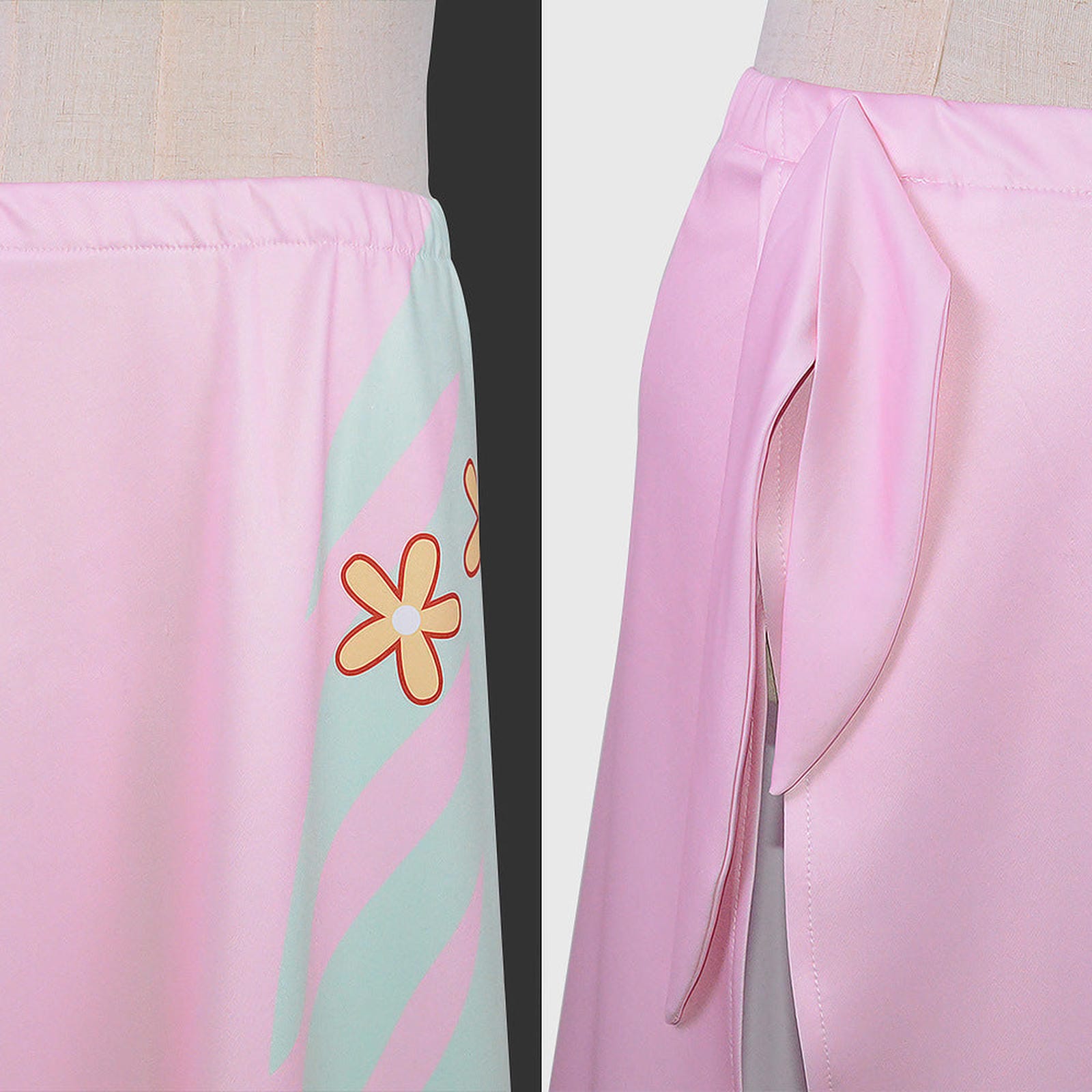 Detalle falda rosa con flores naranjas del disfraz cosplay Nico Robin One Piece