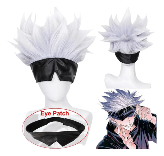Peluca Gojo Satoru + Antifaz - Jujutsu Kaisen Cosplay