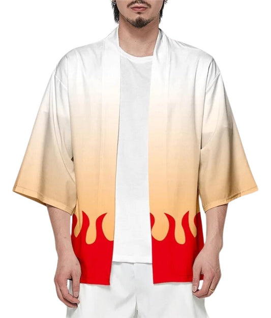 Haori kimono Rengoku Demon Slayer diseño llama frontal blanco y naranja