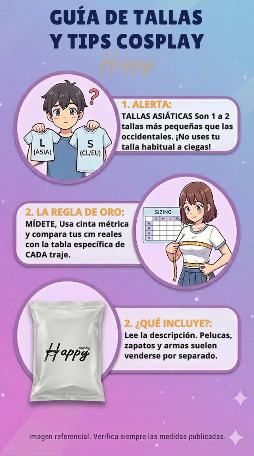 Guía de tallas Happy Cosplay con tabla asiática y tips para disfraces de anime