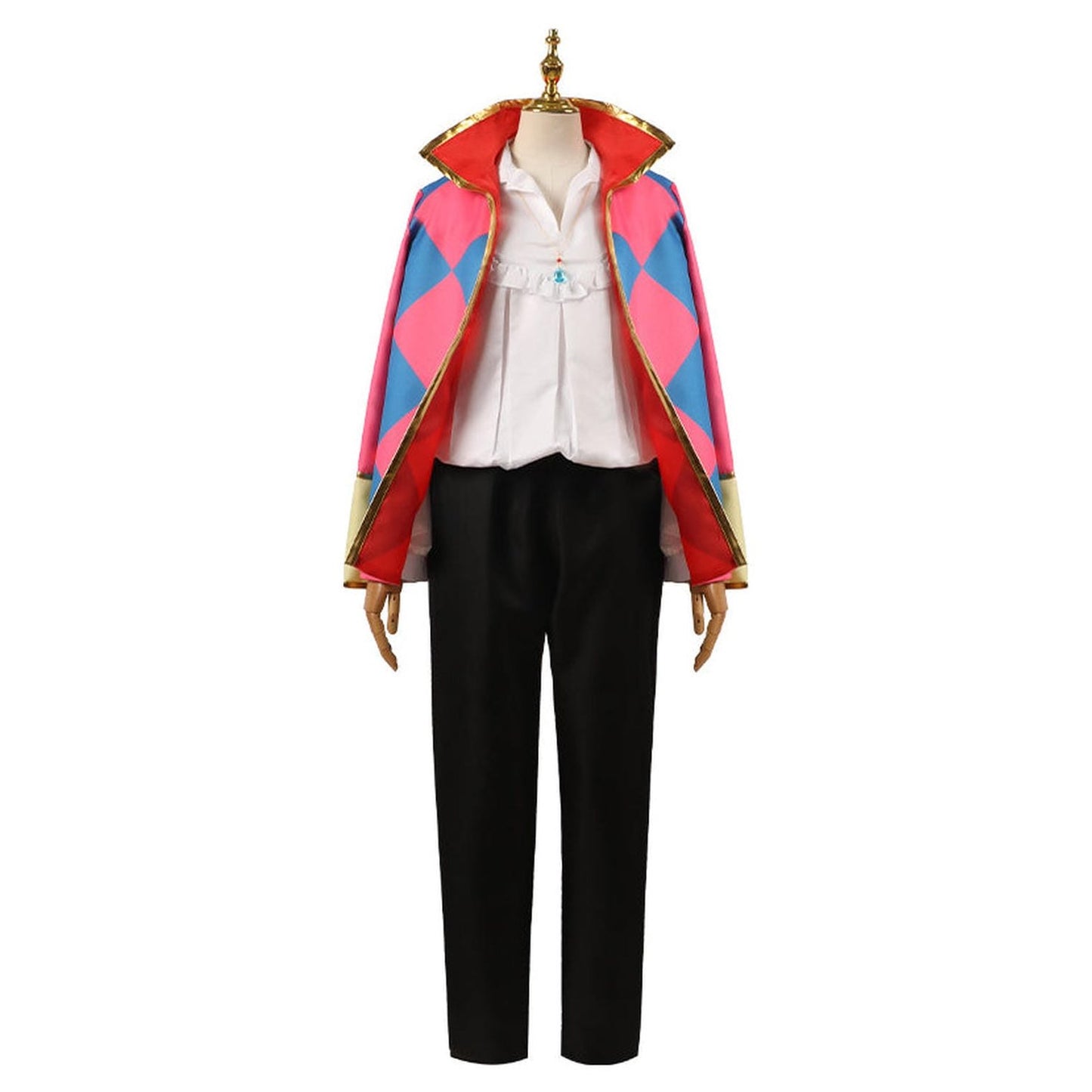 Cosplay Howl Castillo Ambulante completo con capa bordes dorados y patrón diamante rosa azul